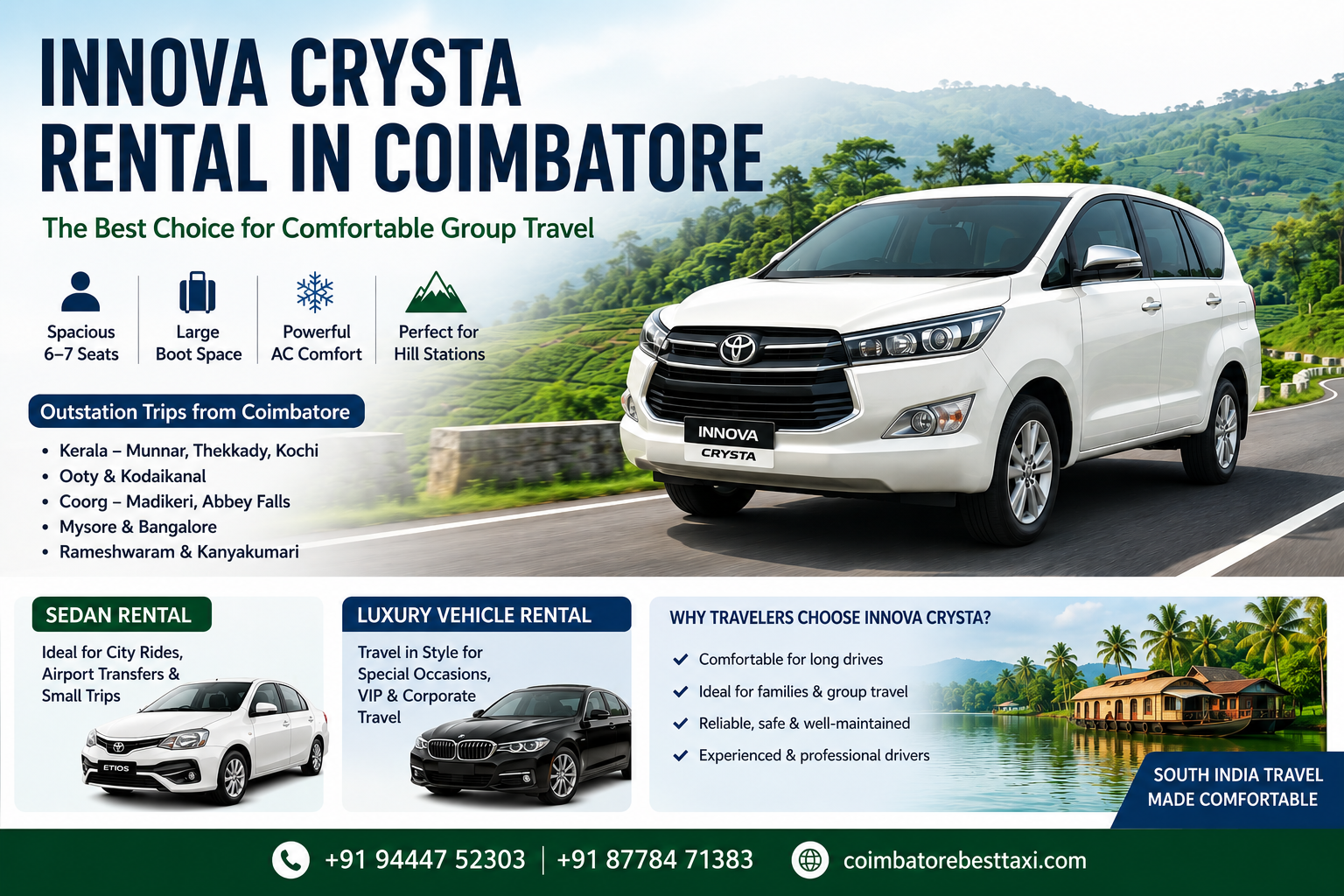 Innova Crysta Rental in Coimbatore for Outstation Trips